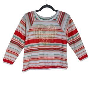Copper‎ Key Striped Teal Coral Long Sleeve Top Gold Heart Stretch Girl's Size XL